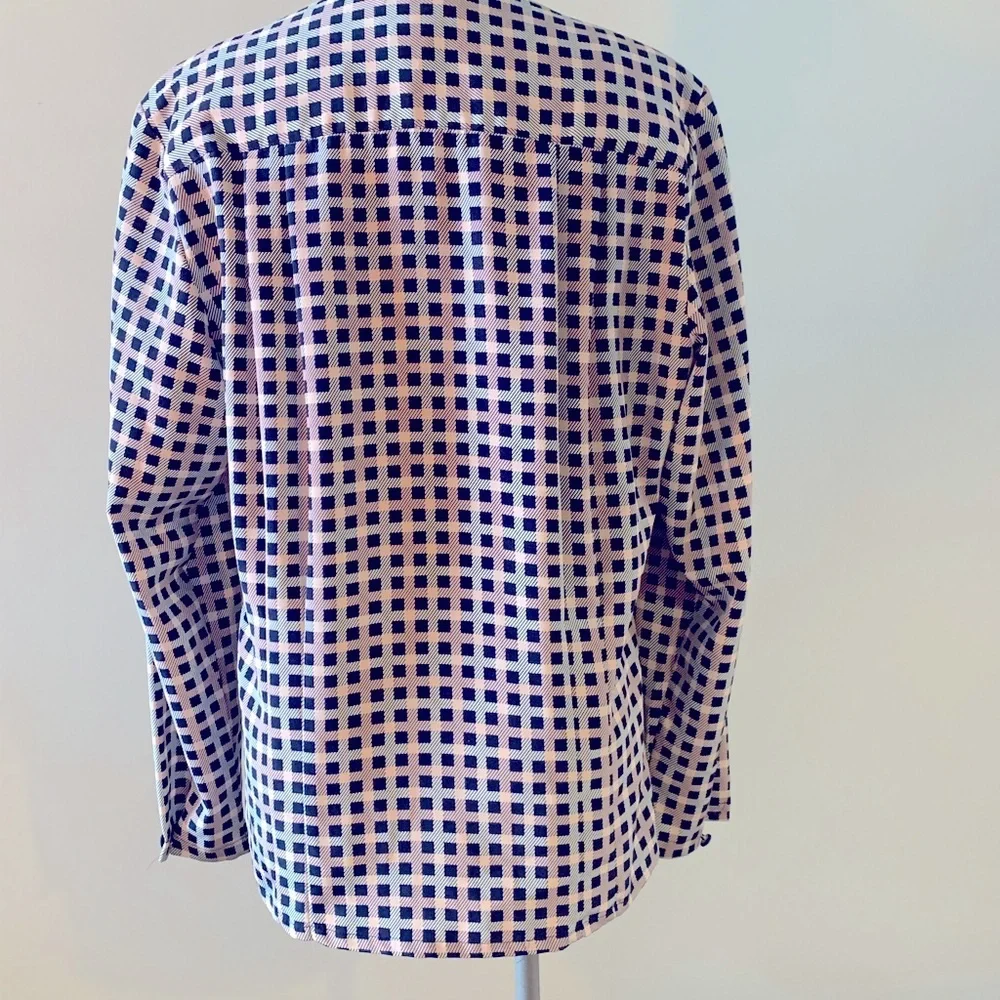 Koret Vintage Geometric Blouse Size 10 Blue White Check Long Sleeve Work Top